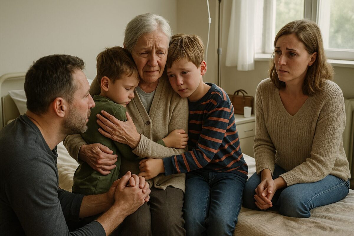 Пожилая женщина в палате обнимает детей, мужчина на коленях просит её вернуться домой.