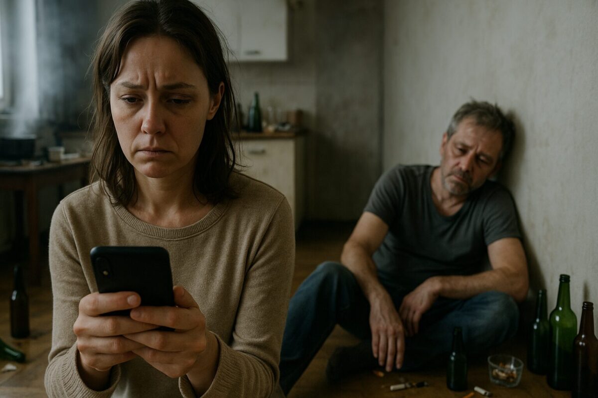 Женщина с телефоном смотрит на мужчину-алкоголика, сидящего среди бутылок на полу