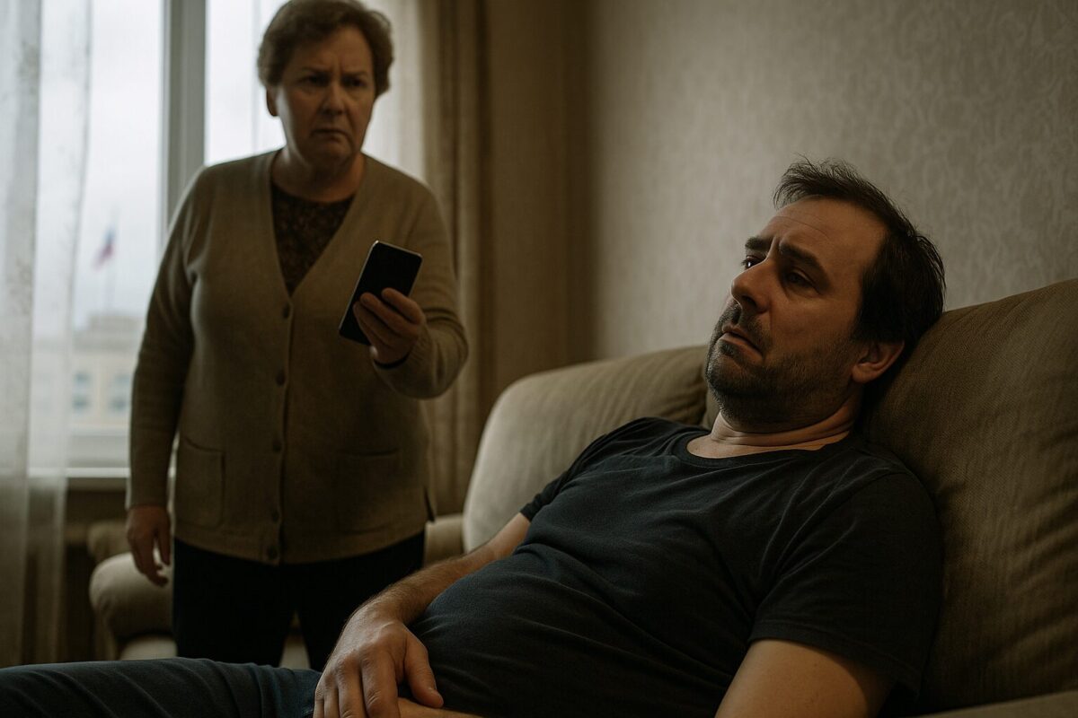 Мужчина стоит во дворе, глядя на развевающееся на флагштоке женское бельё.