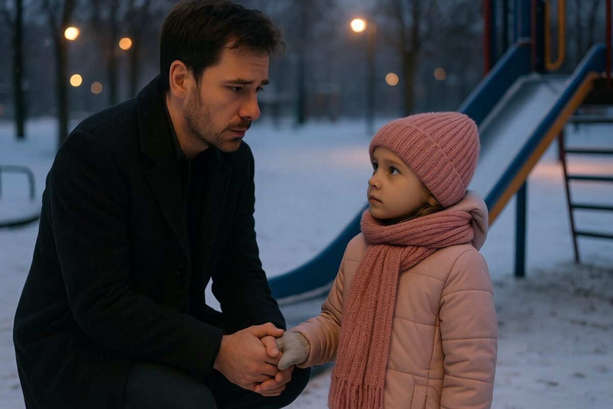 Мужчина держит за руку дочку на заснеженной детской площадке.