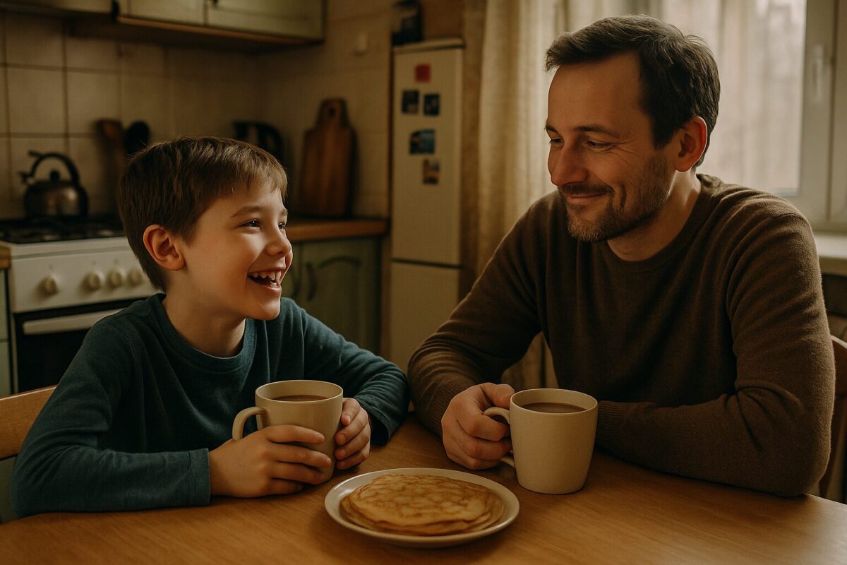 Отец и сын пьют какао за маленьким кухонным столом.