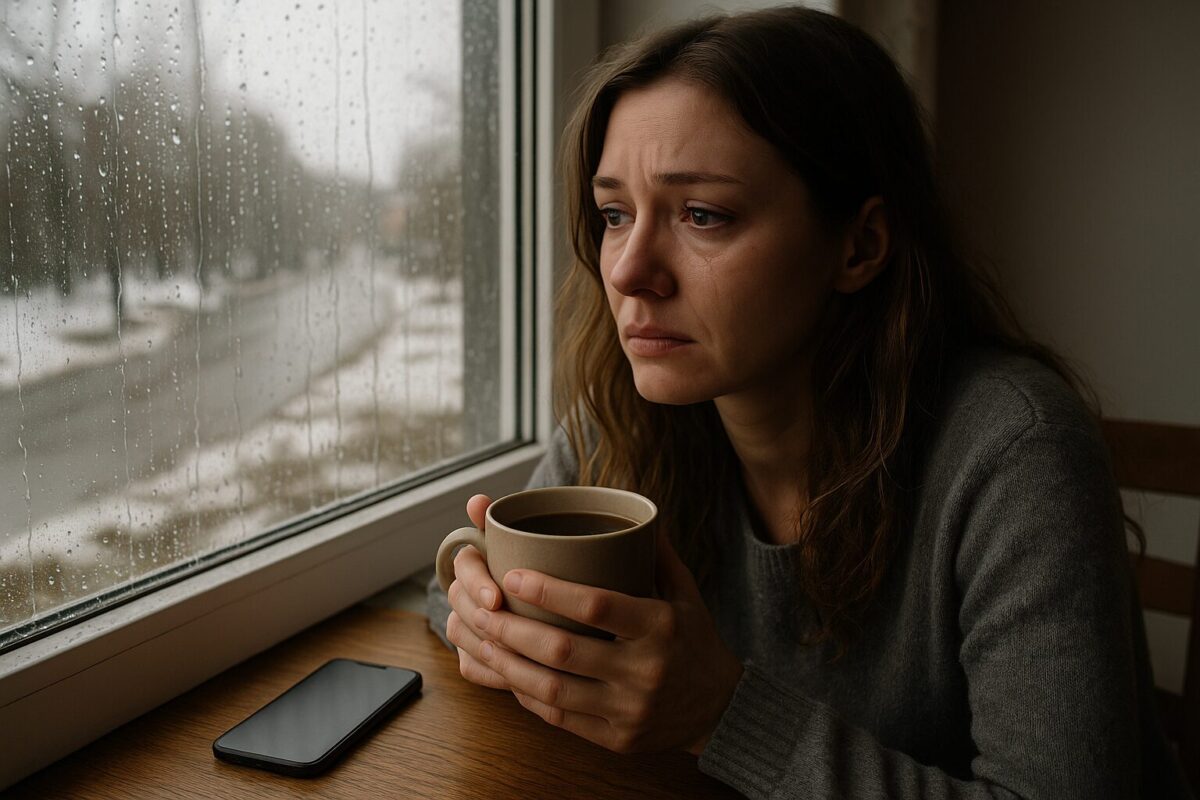 Женщина с чашкой чая смотрит в окно, рядом лежит телефон.