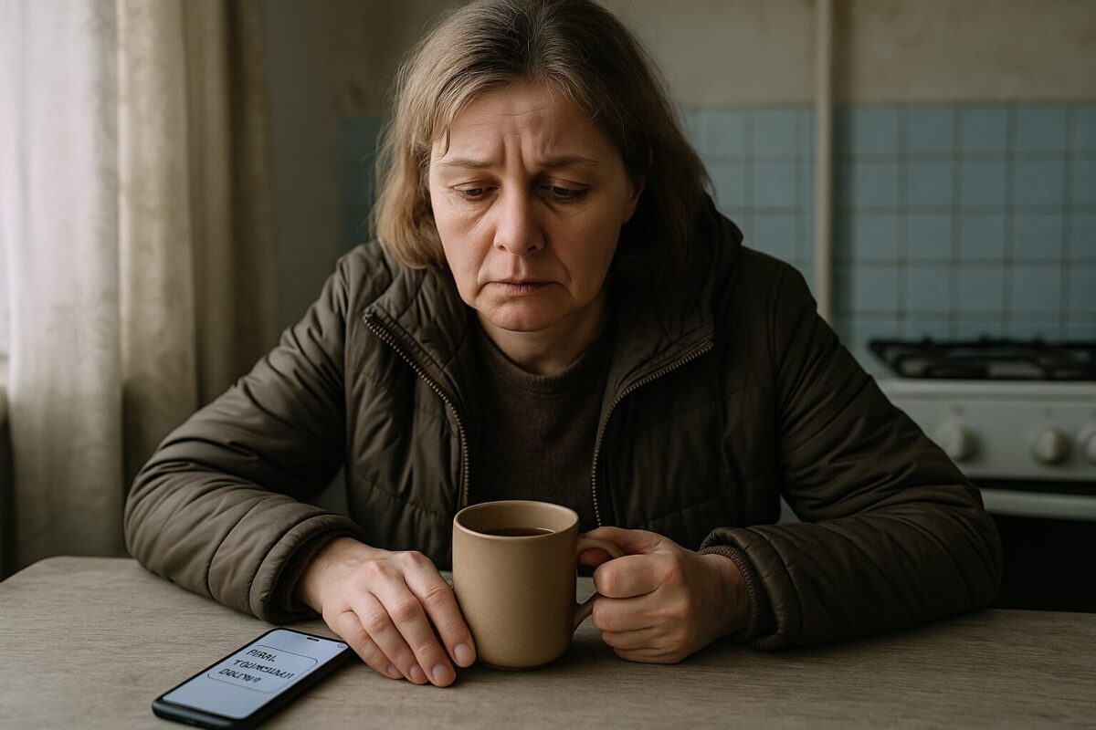 Женщина с чашкой чая смотрит на телефон с сообщением от дочери о деньгах.