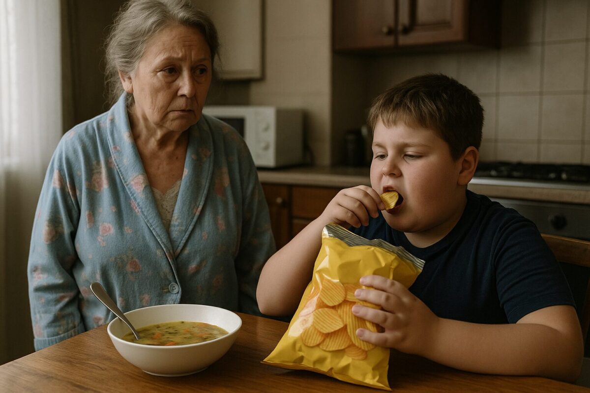 Бабушка смотрит на внука, который ест чипсы вместо ужина.