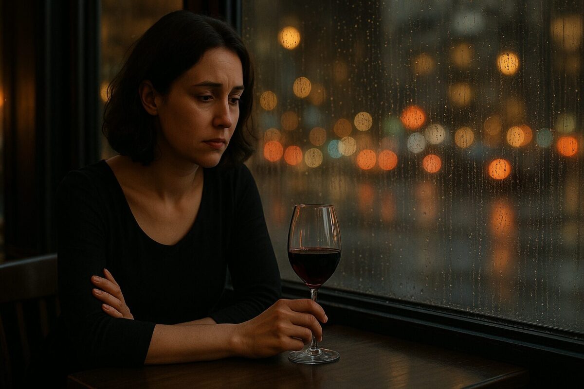 : Женщина в чёрном платье сидит у окна ночного кафе с бокалом вина, задумчиво глядя на размытые огни города.