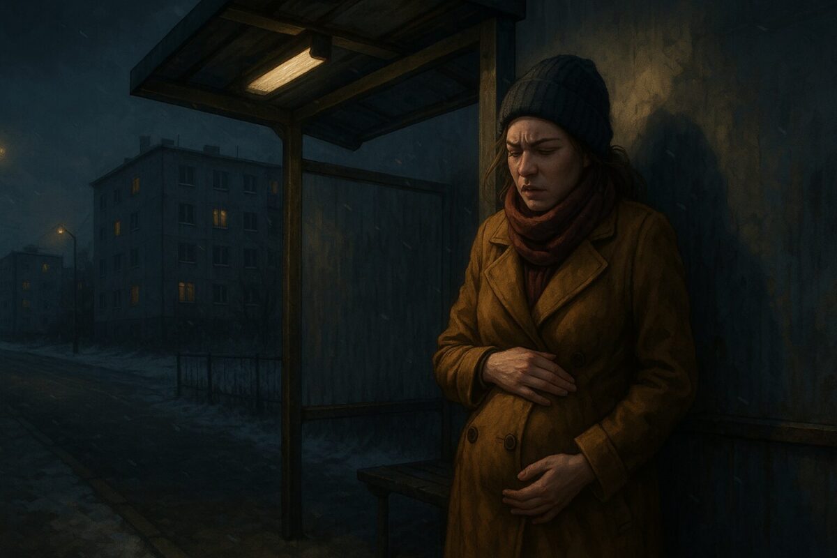 Беременная женщина стоит на холодной, пустынной автобусной остановке ночью, держась за живот.