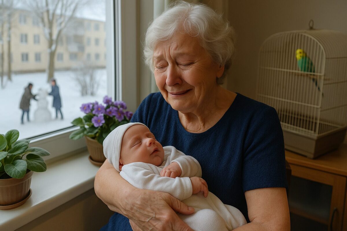 Пожилая женщина со слезами на глазах держит на руках младенца в уютной комнате