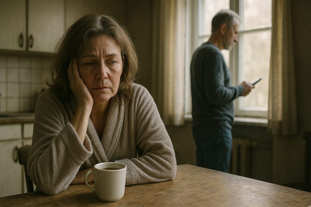 Уставшая женщина в халате сидит за кухонным столом с чашкой кофе, в фоне мужчина у окна смотрит в телефон. Утренний свет и напряжённая атмосфера.