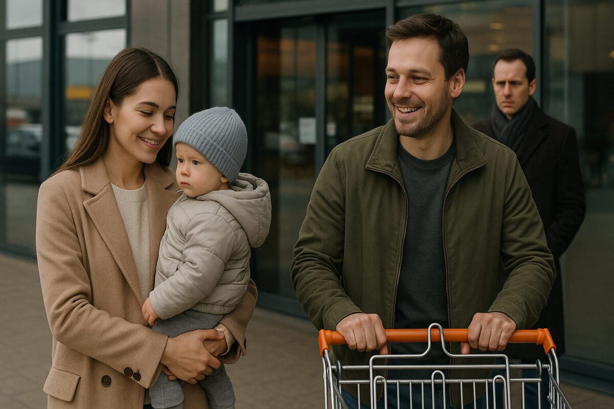 Марина с семьёй у супермаркета, Игорь смотрит издалека с тоской.