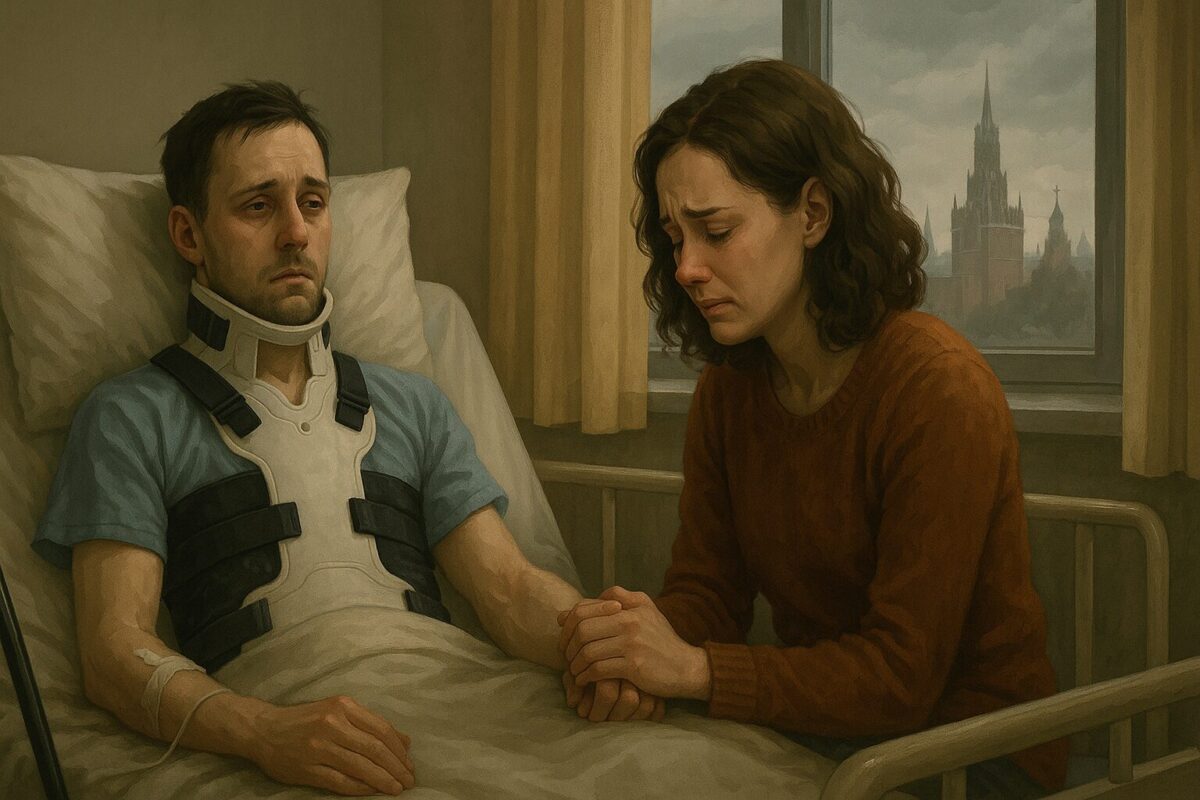 Мужчина после аварии в больнице держит жену за руку.