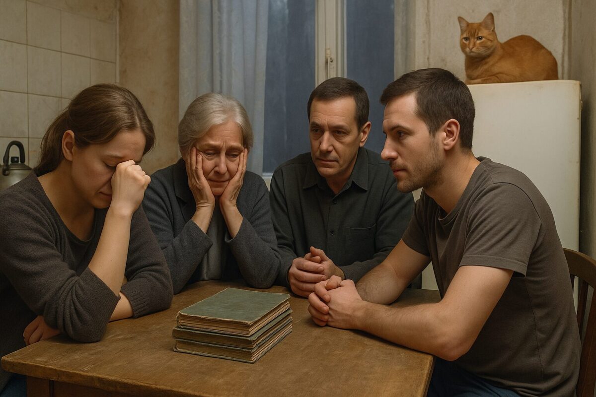 Родные за столом читают бабушкины дневники о семье.