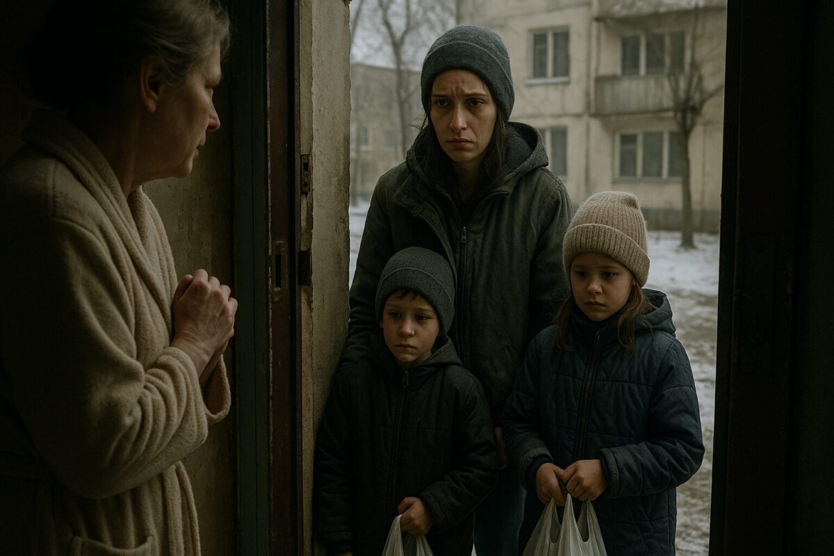 Женщина в дверях хрущёвки встречает сестру с детьми в зимнем дворе.