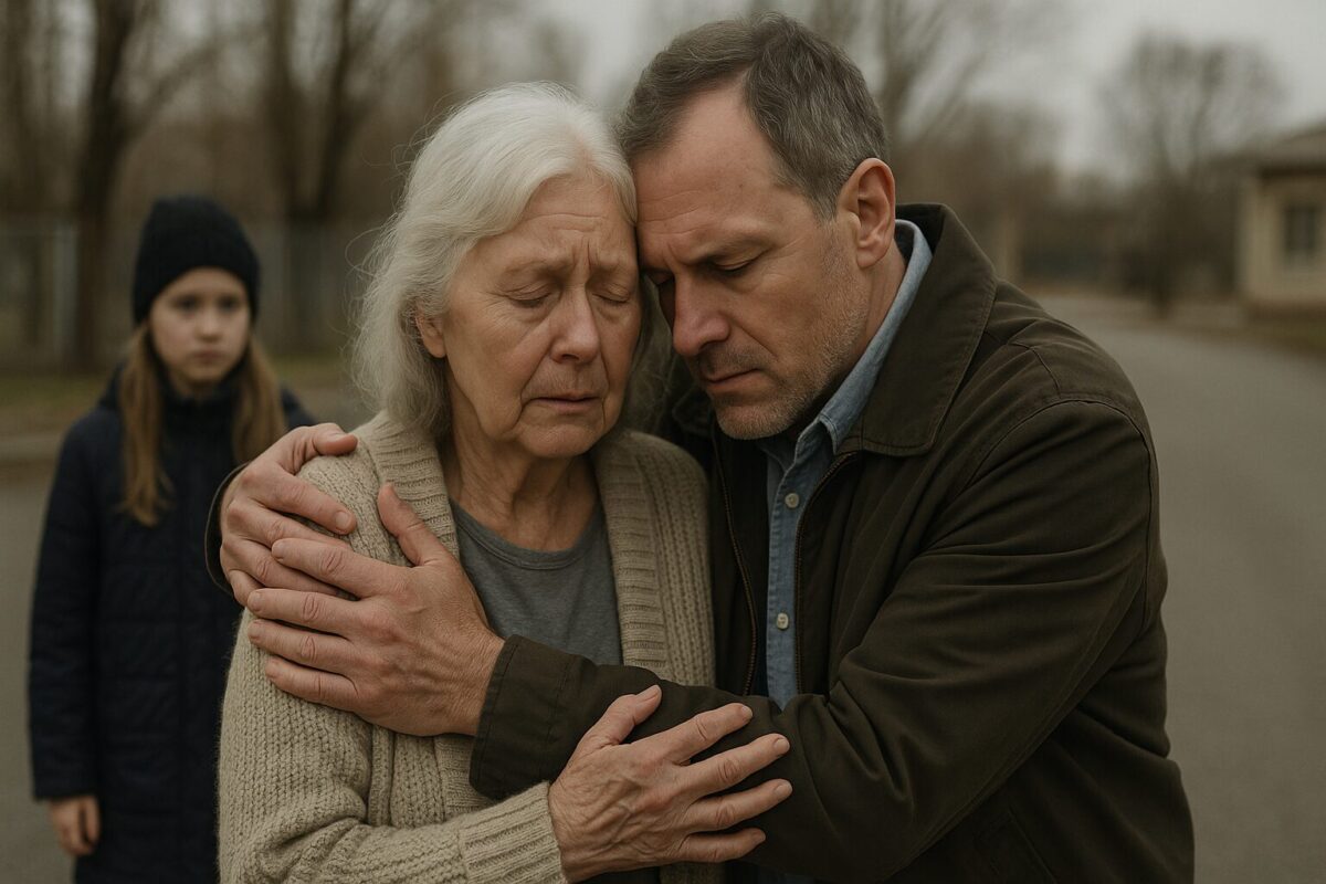 Пожилая женщина с седыми волосами и мужчина средних лет крепко обнимаются на пустой дороге, прижимаясь лбами друг к другу. Их лица полны боли и облегчения. На заднем плане стоит девочка в тёмной куртке и шапке, наблюдая за ними с серьёзным выражением лица. Атмосфера — встреча после долгой разлуки, надежда и тяжесть прожитых лет.