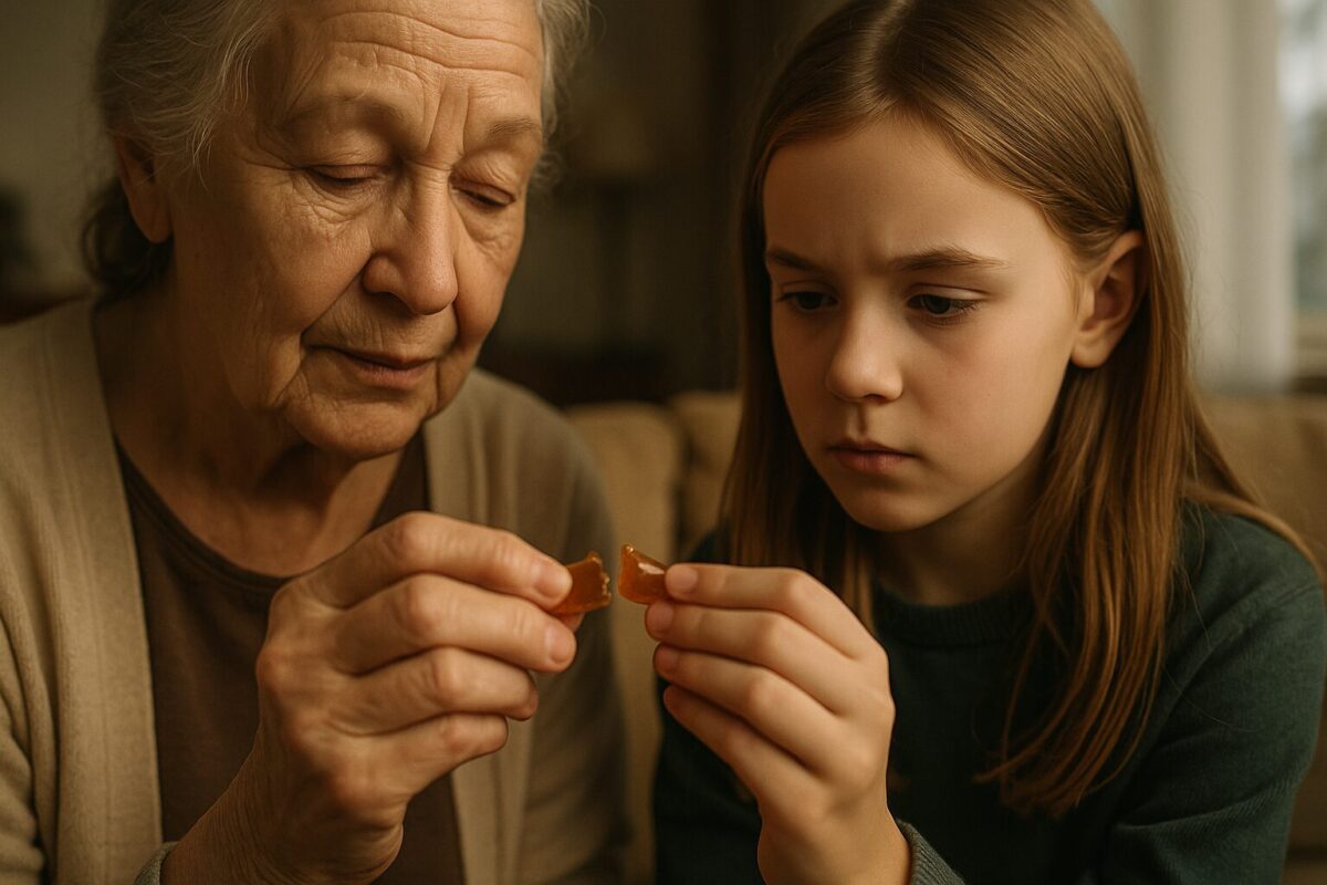 Пожилая женщина и девочка сидят рядом, делят пополам карамельку. Их руки соприкасаются, взгляды сосредоточены на конфете. Атмосфера — тепло, доверие и близость между поколениями.
