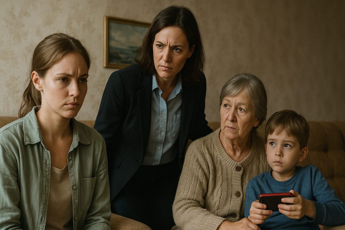 Семейная сцена в гостиной. Молодая женщина с грустным лицом сидит на диване, рядом мальчик с телефоном и пожилая женщина, напряжённо глядящая в сторону. Над ними склоняется строгая женщина в деловом костюме.