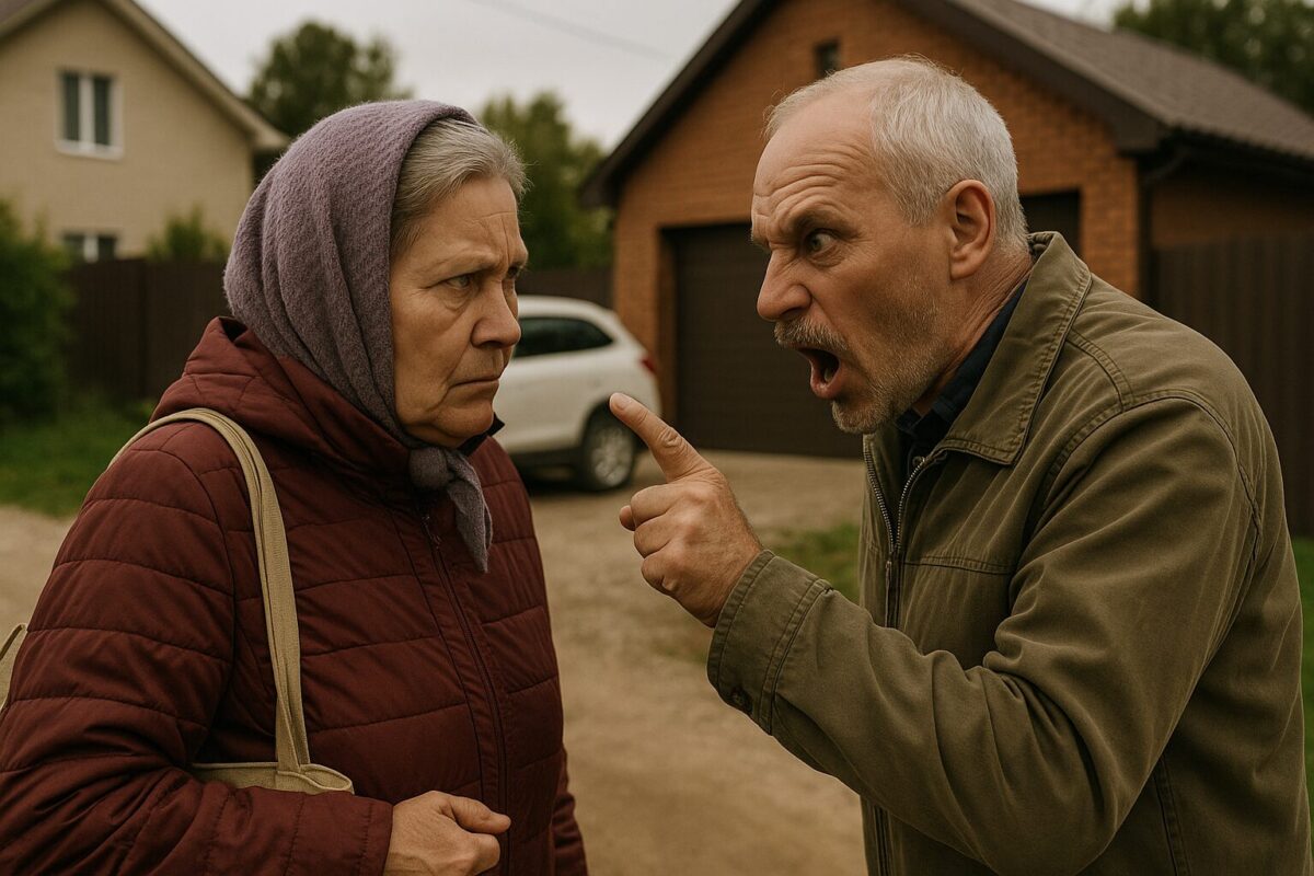 На фоне частных домов и двора мужчина в зелёной куртке яростно указывает пальцем на женщину в бордовом пуховике и платке, которая смотрит на него угрюмо и настороженно. Атмосфера — жёсткий соседский конфликт.