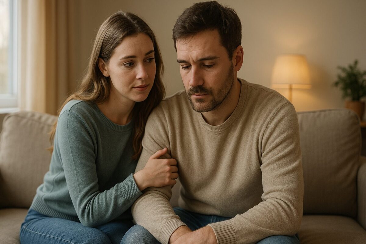 Молодая пара сидит на диване в тёплой гостиной. Мужчина с опущенным взглядом выглядит задумчивым и усталым, женщина обнимает его за плечо, с сочувствием и нежностью глядя на него. Атмосфера — откровенный разговор и поддержка.