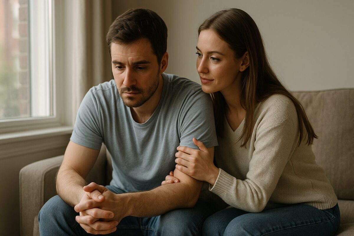 Молодая пара сидит рядом у окна. Мужчина с опущенным взглядом, руки сжаты, выражение лица грустное и задумчивое. Женщина обнимает его за плечо и руку, смотрит с теплом и поддержкой. Атмосфера — доверие, забота и момент откровенности.