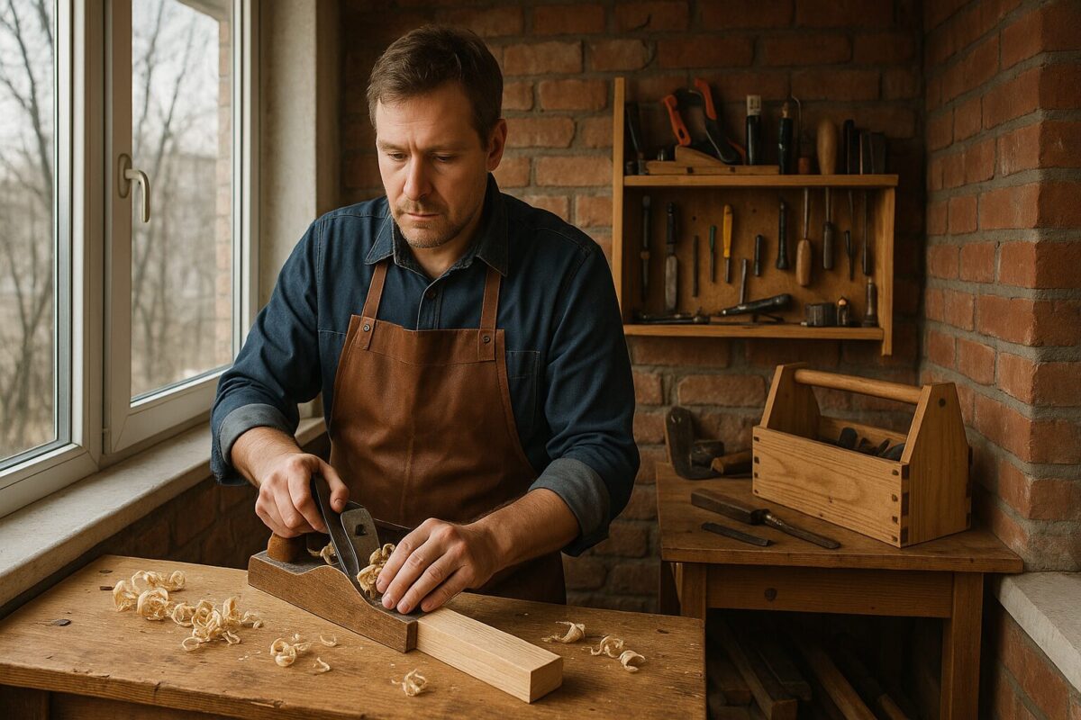 Мужчина средних лет в джинсовой рубашке и кожаном фартуке строгает деревянный брусок рубанком в маленькой мастерской на балконе; вокруг — инструменты, стружка и деревянный ящик для них.