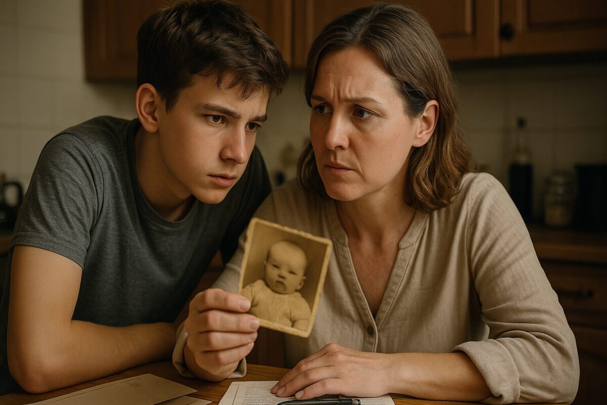 Мать и подросток сидят на кухне, напряжённо рассматривая старую пожелтевшую фотографию младенца; в их лицах тревога и настороженность, атмосфера сцены серьёзная и эмоциональная.