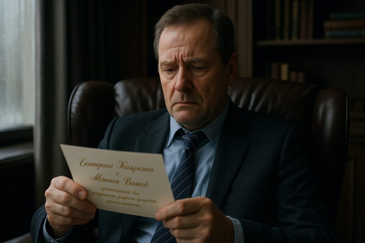 Средних лет мужчина в костюме сидит в кожаном кресле и серьёзно смотрит на свадебное приглашение, которое держит в руках. За его спиной — окно с каплями дождя.