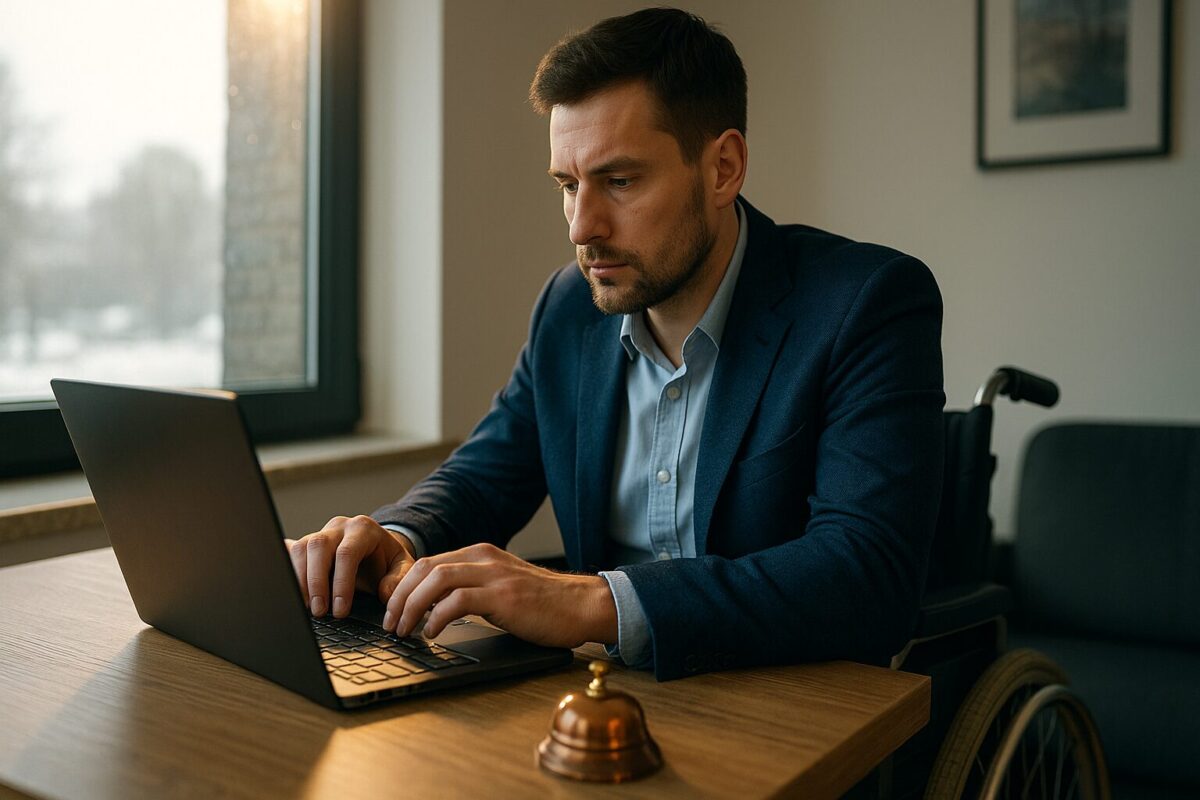 Молодой мужчина в инвалидной коляске в тёмно-синем пиджаке работает за ноутбуком у окна, на столе перед ним стоит медный колокольчик.