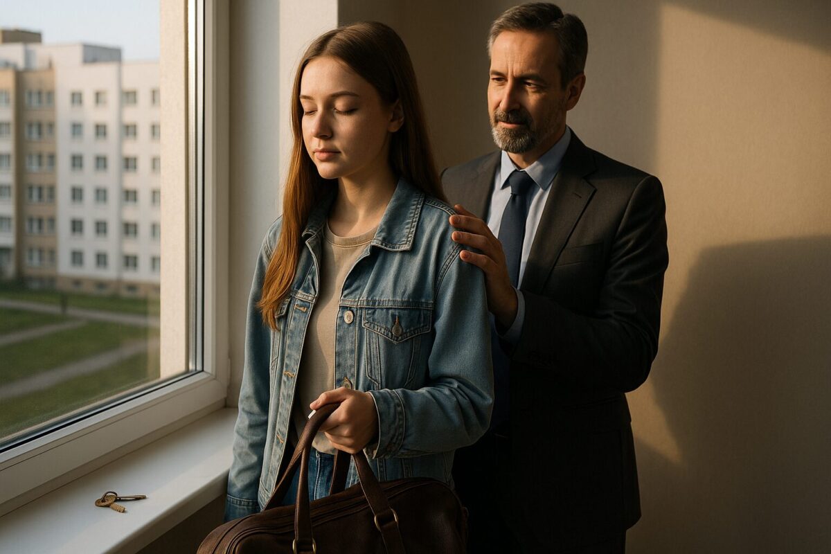 Молодая девушка в джинсовой куртке стоит у окна с сумкой в руках, рядом отец в костюме кладёт руку ей на плечо; на подоконнике лежат ключи.