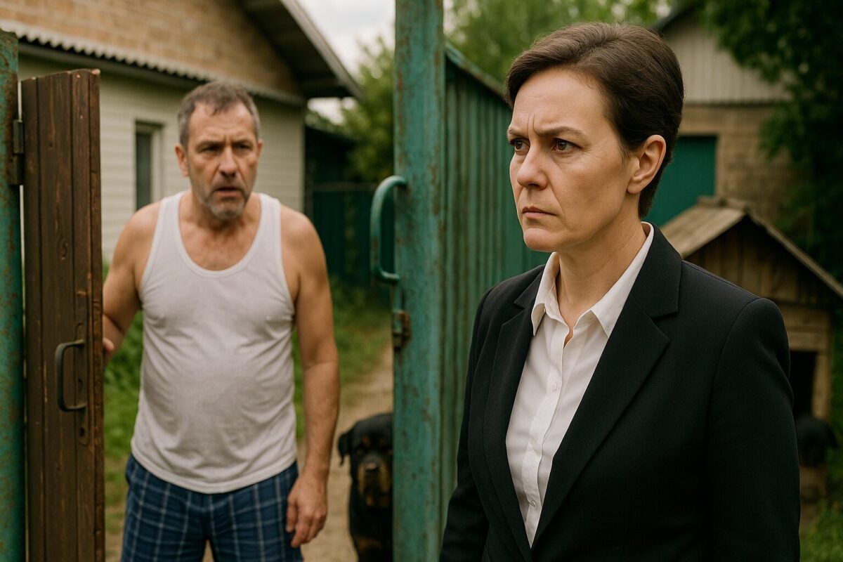 Женщина средних лет в строгом чёрном пиджаке с серьёзным выражением лица стоит у калитки, напротив неё растерянный мужчина в майке и шортах; на заднем плане виден двор и собака у будки.