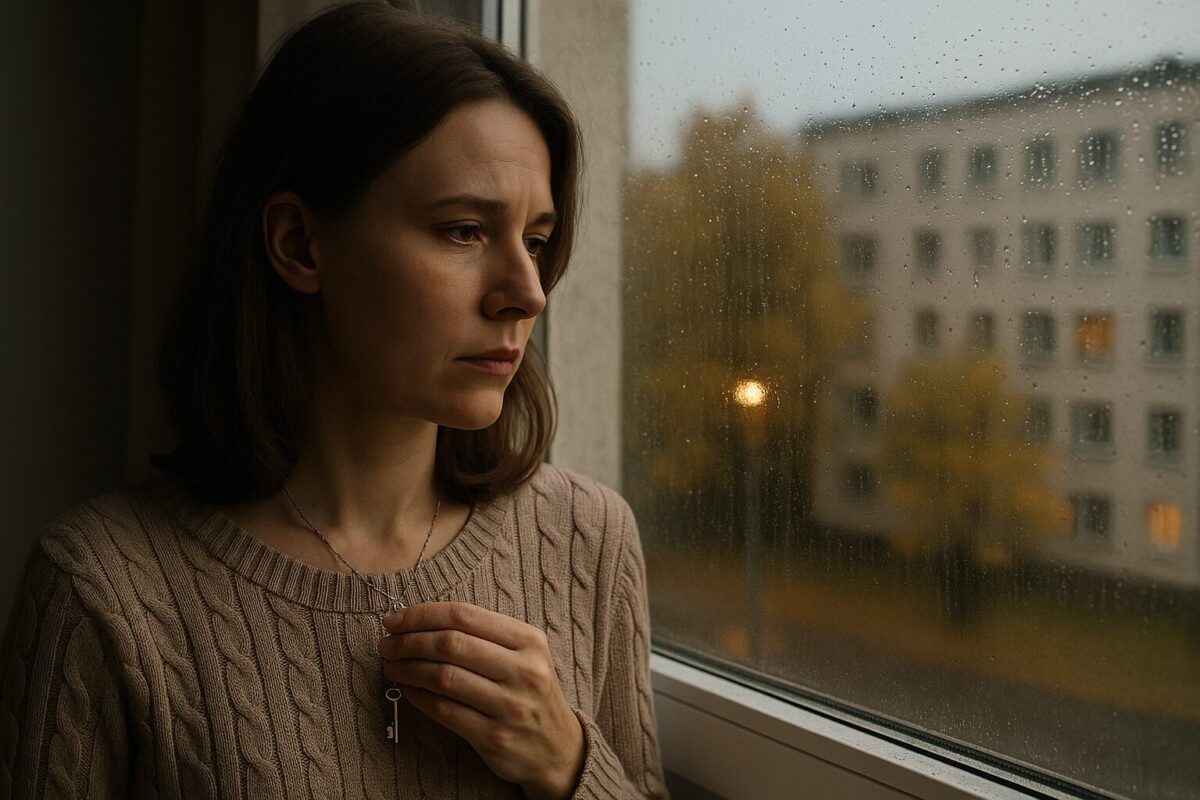 Женщина около тридцати лет стоит у окна в квартире, держит в руке цепочку с маленьким ключиком и задумчиво смотрит сквозь дождевые капли на стекле во двор с фонарями и домами; атмосфера осени и раздумий.