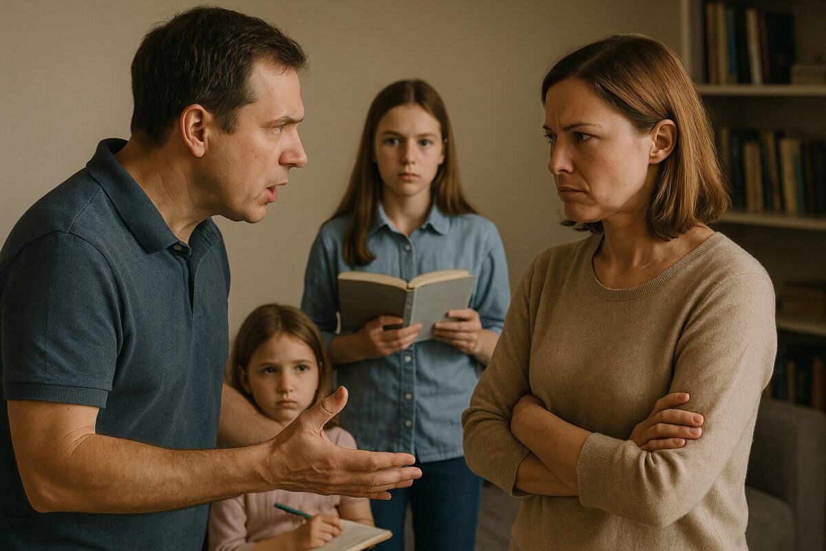 Семья, гостиная, отец спорит с матерью, дети наблюдают, книга истории, тетрадь, карандаш, напряжённый разговор, родители и дети, конфликт, семейная сцена, воспитание, образование, эмоции.