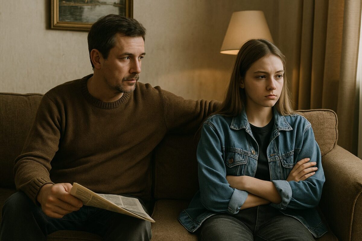 Отец, дочь-подросток и молодая мачеха сидят вместе на диване в гостиной; отец с седыми висками в бежевом свитере, девочка в тёмном свитере с серьёзным выражением лица, женщина в очках в джинсовой рубашке держит её за руку. Атмосфера — семья, диалог, напряжение, принятие, новая жена, подросток, отношения в семье, доверие.
