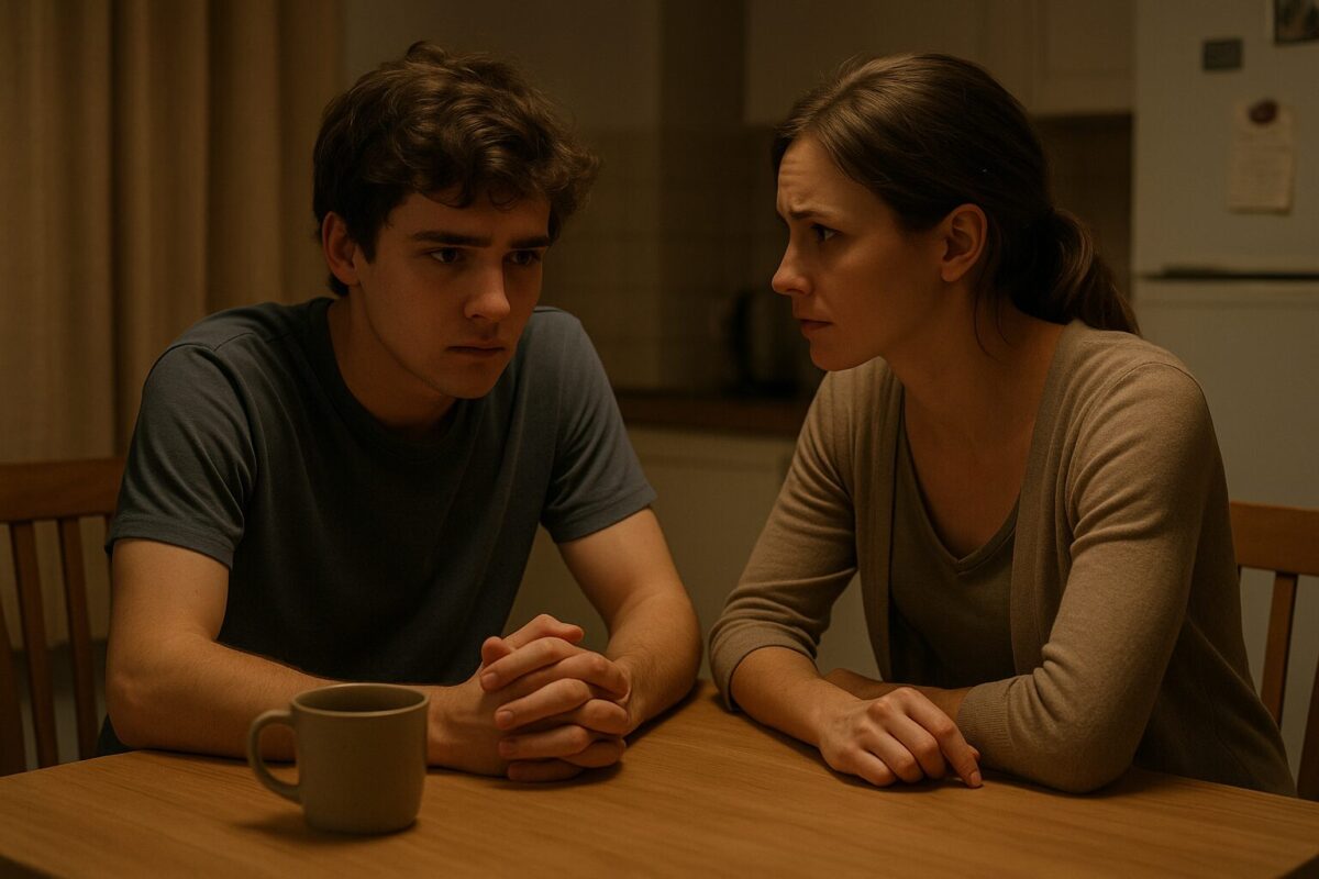 Вечерняя кухня, юноша в футболке сидит за столом с кружкой чая, напряжённое лицо; напротив молодая женщина в свитере с собранными волосами, смотрит серьёзно и с сочувствием. Ключевые слова: кухня, семья, разговор, подросток, женщина, поддержка, доверие, напряжение, домашняя сцена.