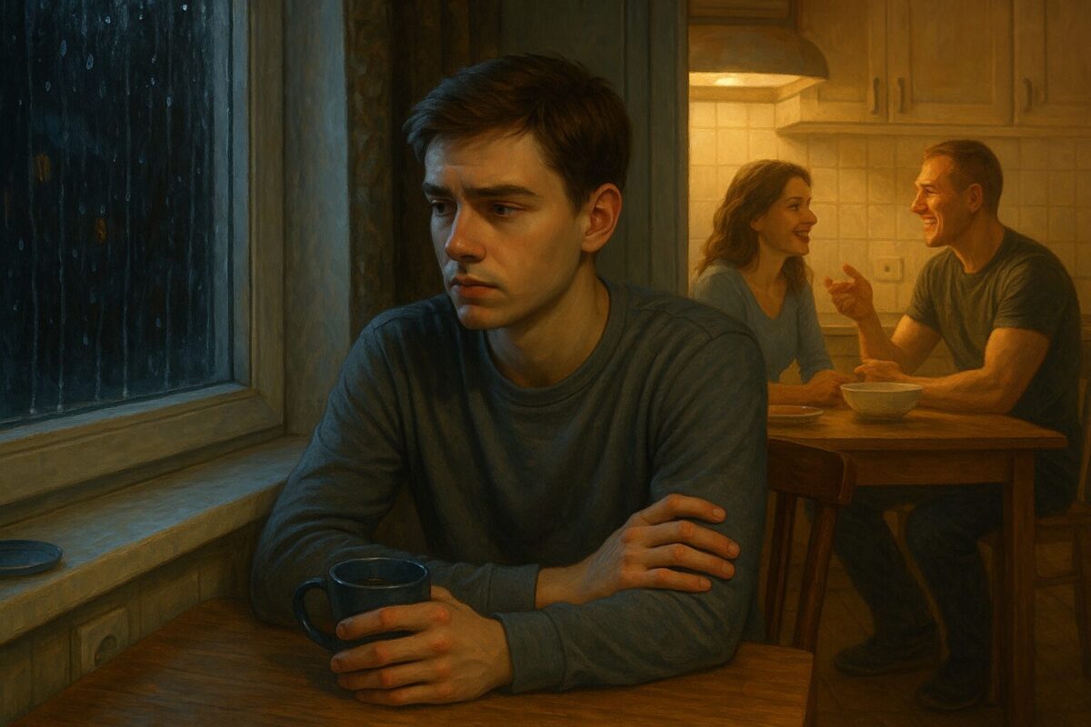 Вечерняя кухня. На переднем плане молодой парень 18–19 лет сидит за столом с кружкой чая, смотрит в окно с задумчивым и напряжённым выражением лица. На заднем плане мать (женщина около 40 лет) и её молодой спутник (мужчина около 25 лет) разговаривают и улыбаются друг другу у стола. Ключевые слова: кухня, семья, конфликт, мать и сын, молодой мужчина, ревность, одиночество, драма, отношения, вечер.