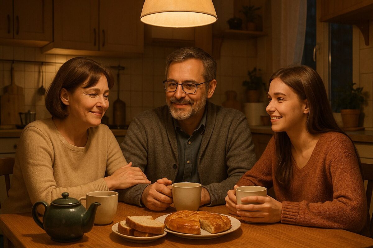 Вечерняя кухня, за деревянным столом сидят мама, дочь и отчим Сергей Михайлович; на столе чайник, чашки, хлеб и пирог. Атмосфера семейный ужин, домашний уют, доверие, примирение, тёплые семейные отношения. Ключевые слова: кухня, семья, мама, дочь, отчим, ужин, чай, пирог, домашний уют, примирение, семейные отношения.