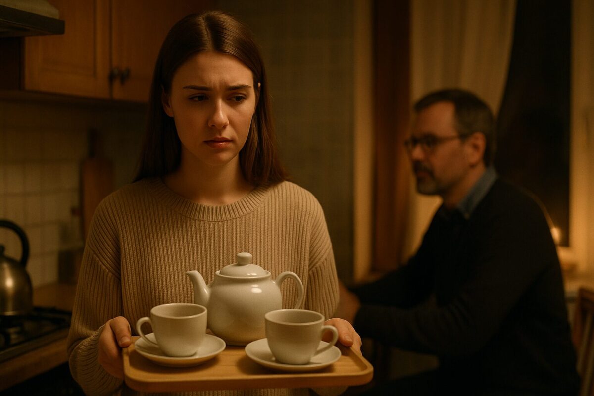 Молодая девушка Алина на кухне вечером, в руках поднос с чайником и чашками. На заднем плане сидит Виктор Андреевич, мужчина средних лет, слегка размытый в кадре. Атмосфера — тёплый свет, напряжённость, скрытые чувства. Ключевые слова: кухня, девушка, мужчина, чай, вечер, напряжение, чувства, семейные отношения.