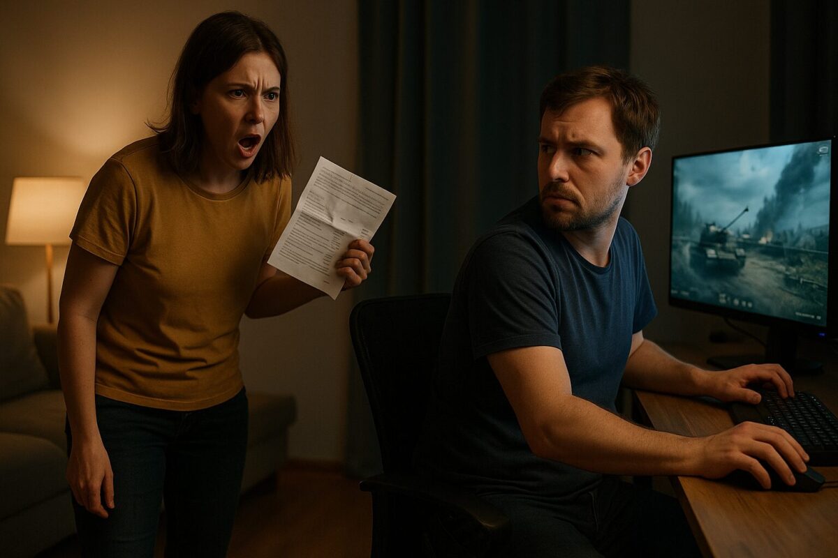 Вечер в квартире. Женщина держит в руках счёт за коммунальные услуги и кричит, выражая отчаяние. Мужчина сидит за компьютером, играет в видеоигру, оборачивается к ней с раздражением.