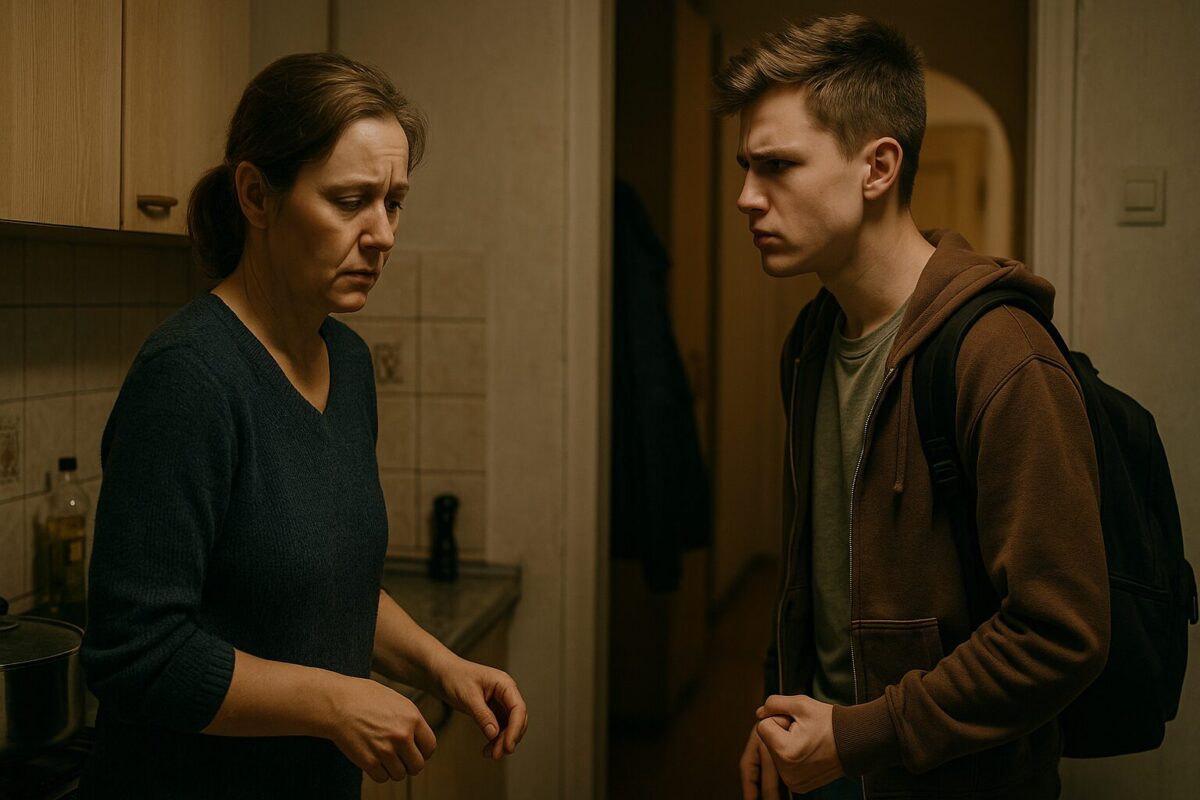 Маленькая кухня, мать и сын подросток в конфликте. Мать (около 40 лет, усталое лицо, домашняя одежда) смотрит печально и молчит. Сын (17 лет, светловолосый, в худи и с рюкзаком) сердито указывает на неё пальцем, выражая обвинения. Атмосфера — семейная ссора, напряжение, кризис отношений.
