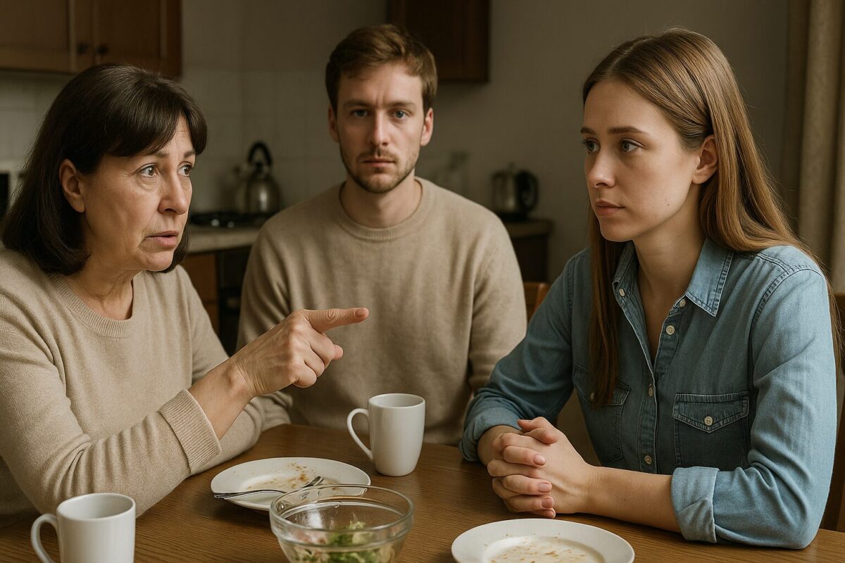 За столом в квартире сидят мать (строгая, около 60 лет), сын (30 лет, напряжённый) и его невеста Анна (25 лет, сдержанная). Атмосфера — семейный ужин, скрытое напряжение, недоверие. Ключевые слова: семья, свекровь, сын, невеста, напряжение, разговор, недоверие.