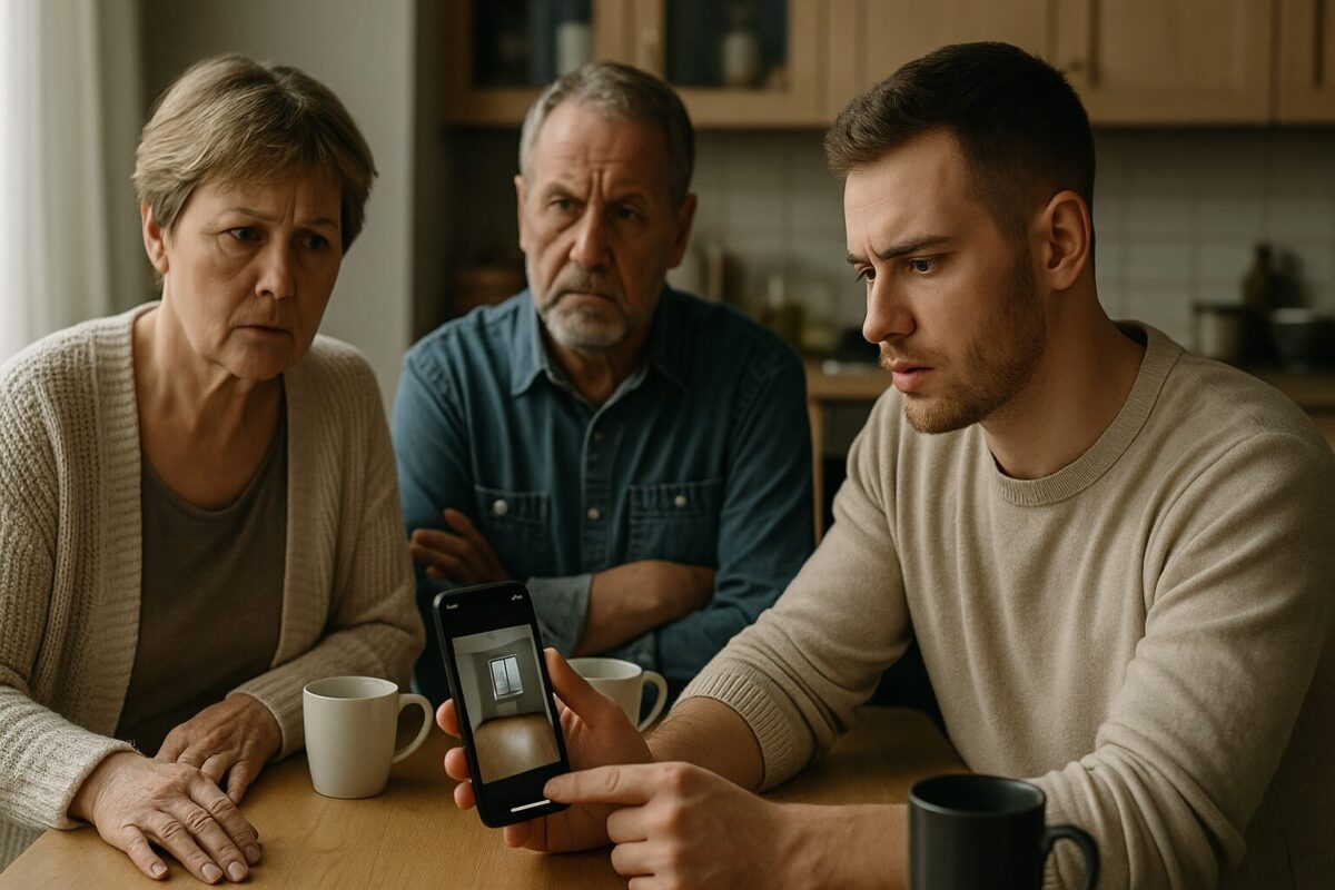 Молодой мужчина Антон показывает родителям фото своей новой квартиры на телефоне. Родители смотрят с сомнением и напряжением, сын — сдержанно, но уверенно.