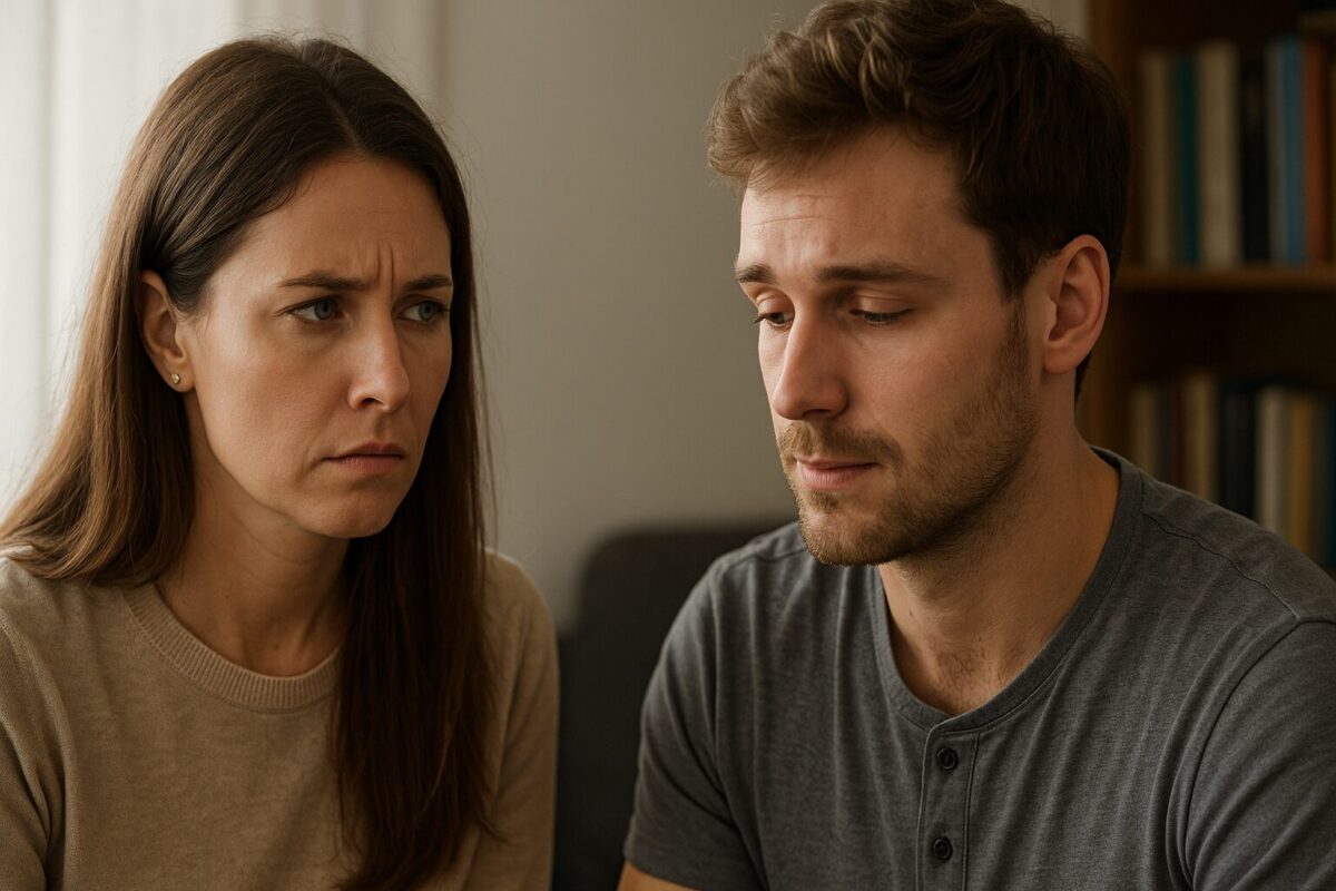 Кафе, за столиком сидят Алина (34 года, в джинсовой рубашке, серьёзный взгляд) и Максим (27 лет, в светлом свитере, смущённый). На столе кружки с кофе. Атмосфера — встреча бывших, спокойный разговор, лёгкая ностальгия.