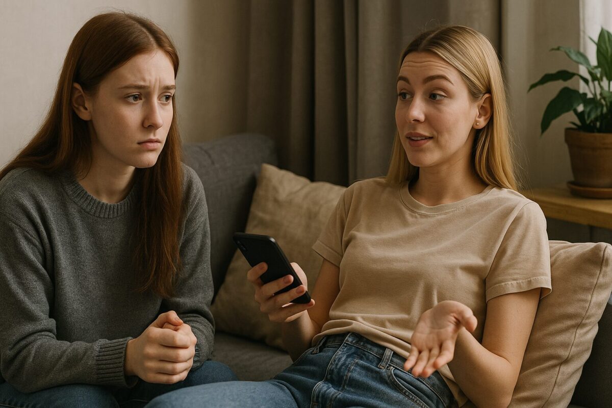 Комната в московской квартире, две соседки разговаривают. Настя (18 лет, в бежевой футболке, напряжённое лицо) сидит за столом, напротив Катя (20 лет, в джинсовке, уверенная, держит телефон с фото Димы). На столе кружки с чаем.