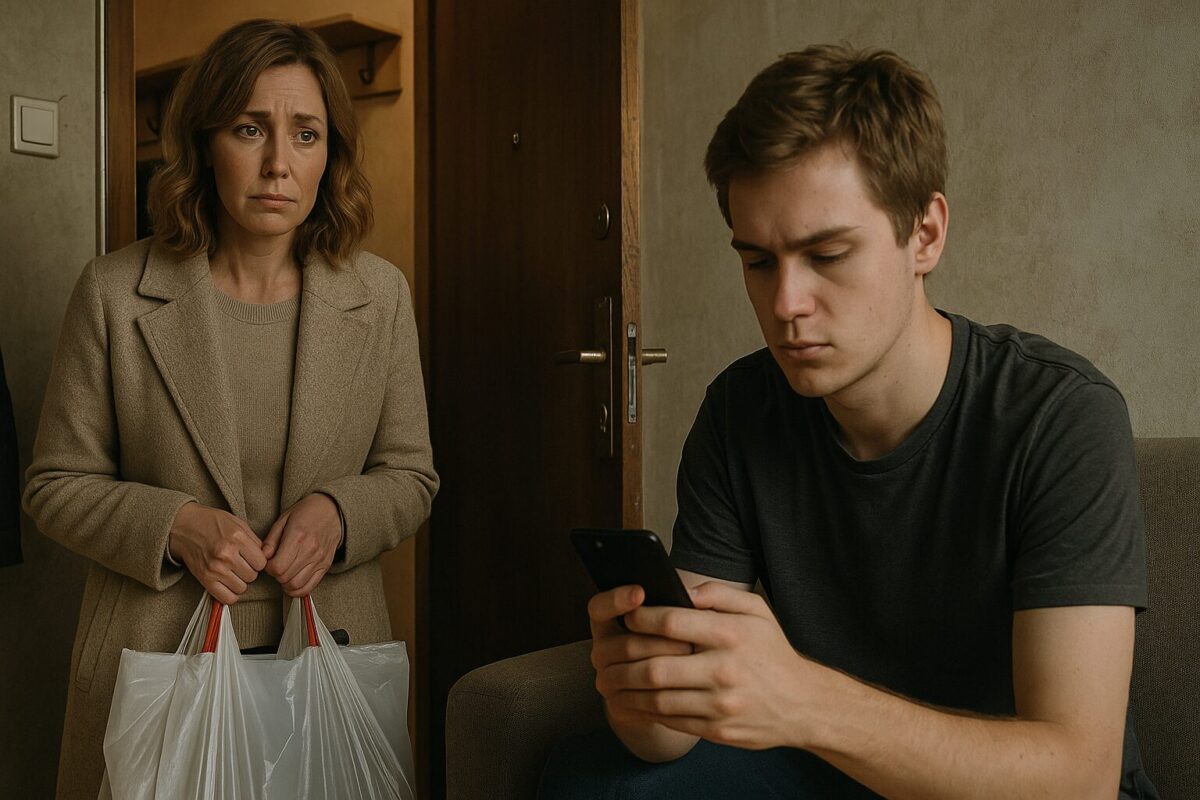 Мать Вера (около 40 лет, усталое лицо, с пакетами в руках) стоит в прихожей, сын Максим (19 лет) сидит на диване и смотрит в телефон, напряжённая атмосфера.