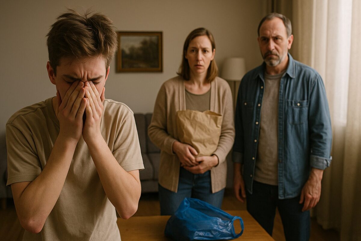 Подросток Максим (16 лет) сидит в гостиной, закрыв лицо руками, рядом пакет с покупками. Родители — Виктор и Елена — сидят позади, смотрят с тревогой и усталостью. Атмосфера — семейный конфликт, истерика из-за кроссовок, напряжение. Ключевые слова: семья, родители, сын, конфликт, кроссовки, напряжение, квартира.