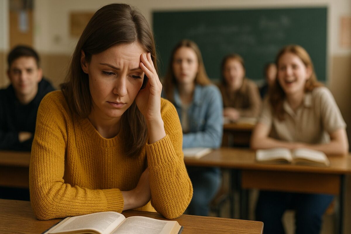 Осень, школьный двор. Молодая учительница Светлана (около 25 лет, в плаще, усталое лицо) стоит с опущенными глазами, рядом завуч Анна Семёновна (пожилая женщина, в пальто) поддерживает её за руку, говорит с сочувствием.