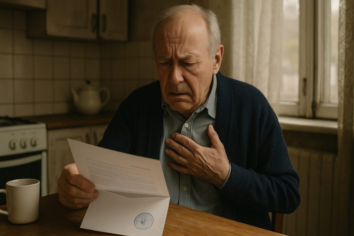 Пожилой мужчина Виктор Семёнович (70 лет) сидит за кухонным столом, в руках конверт с печатью, на лице тревога и усталость. Атмосфера — семейное предательство, напряжение, борьба за дачу. Ключевые слова: пожилой мужчина, письмо, кухня, тревога, документы, предательство.