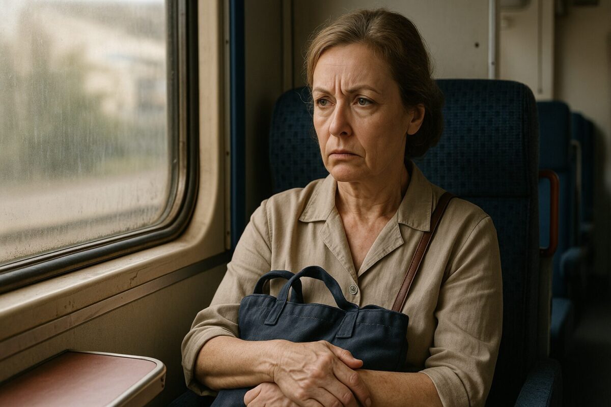 Женщина средних лет сидит в купе поезда у окна, держит сумку на коленях, взгляд усталый и задумчивый. Атмосфера — дорога, одиночество, тяжелые мысли. Ключевые слова: поезд, женщина, дорога, одиночество, грусть, раздумья.
