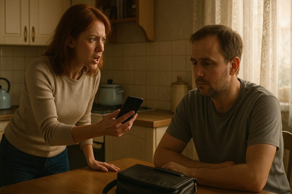 Семейная ссора на кухне: жена (35 лет) в домашней одежде с телефоном в руках сердито показывает экран мужу, Алексей (40 лет) сидит за столом с усталым и подавленным видом. Атмосфера — напряжение, конфликт, недовольство. Ключевые слова: семья, муж, жена, конфликт, кухня, телефон, ссора.