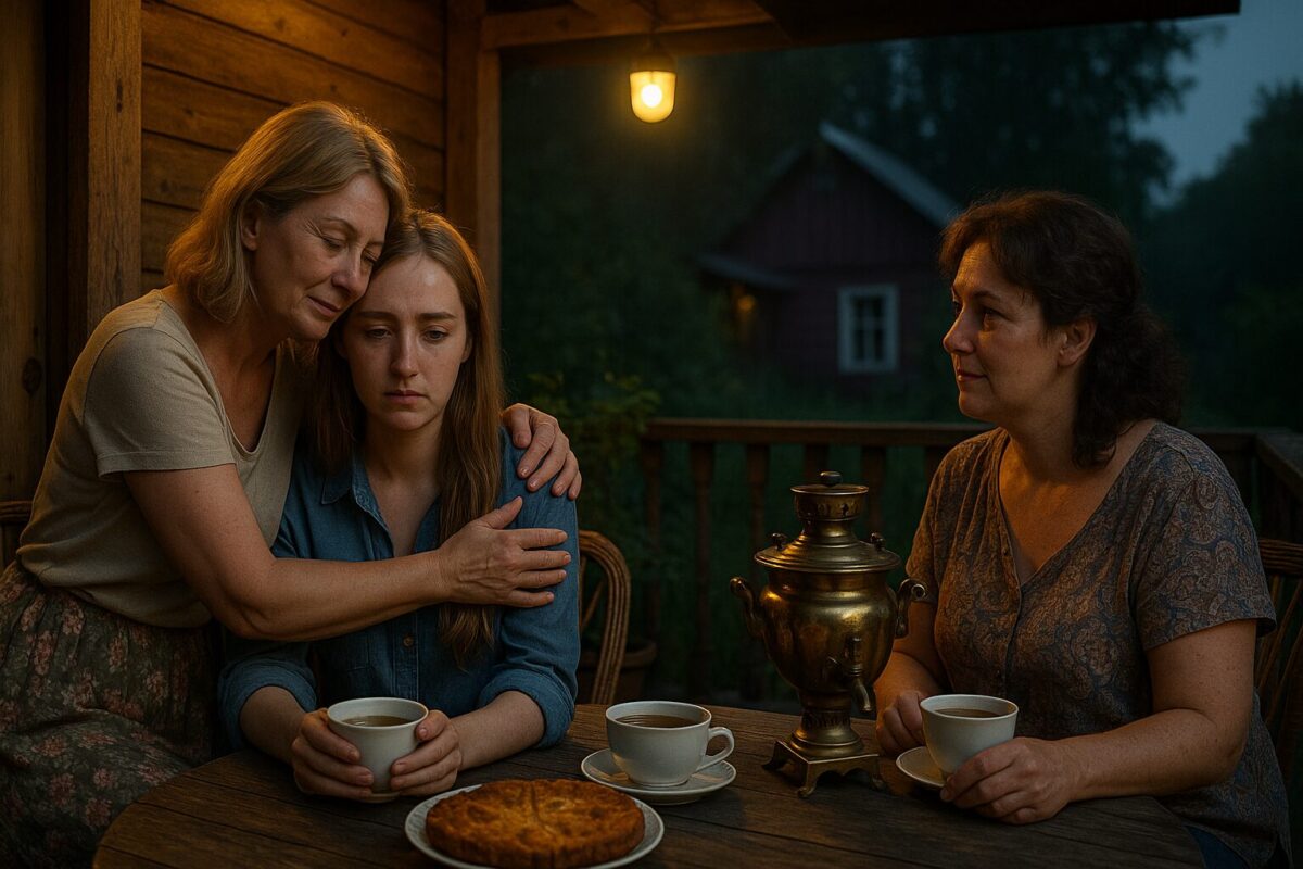 Летний вечер на веранде дачного дома, три женщины за столом с самоваром, чашками и пирогом. Светлана (40 лет, серьёзная), Марина (40 лет, хозяйственная) и Елена (25 лет, грустная, с доверчивым взглядом). Атмосфера — доверие, женская поддержка, разговор по душам. Ключевые слова: веранда, дача, женщины, чай, самовар, поддержка, дружба.