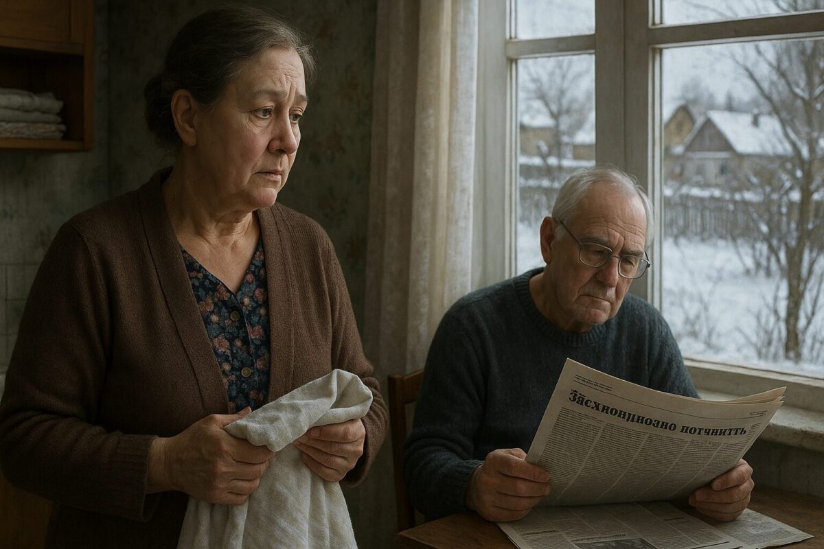 Пожилая супружеская пара в зимнее утро: Галина Петровна у окна с выстиранными вещами, Николай Семёнович за столом читает газету. За окном заснеженный двор. Атмосфера — усталость, тревога, семейное напряжение.