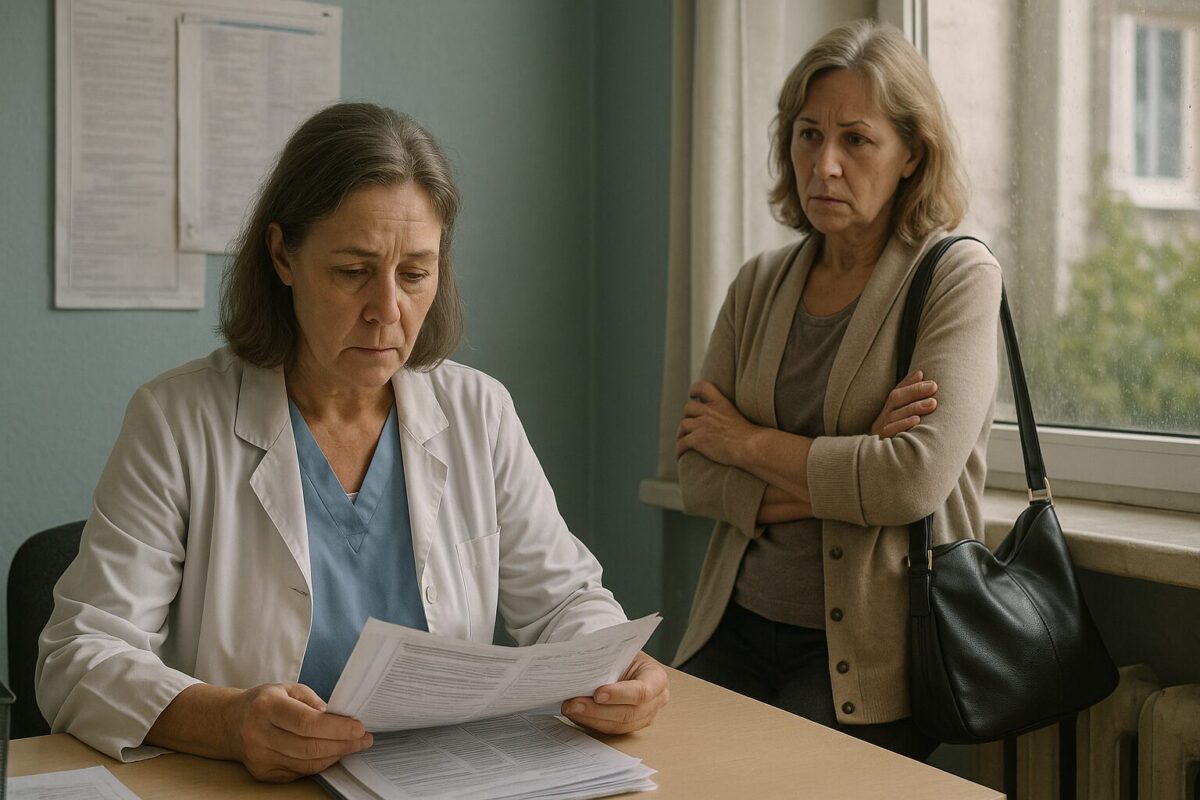 Процедурный кабинет в районной больнице: Вера (48 лет, в белом халате, сидит за столом с медицинскими справками) и Людмила (52 года, в кардигане с сумкой, стоит у окна, напряжённая). Атмосфера — тяжёлый разговор сестёр, примирение, семейная драма. Ключевые слова: сестры, больница, разговор, документы, примирение, напряжение.